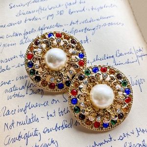 Vintage Gold and Rainbow Rhinestone Clip Earrings